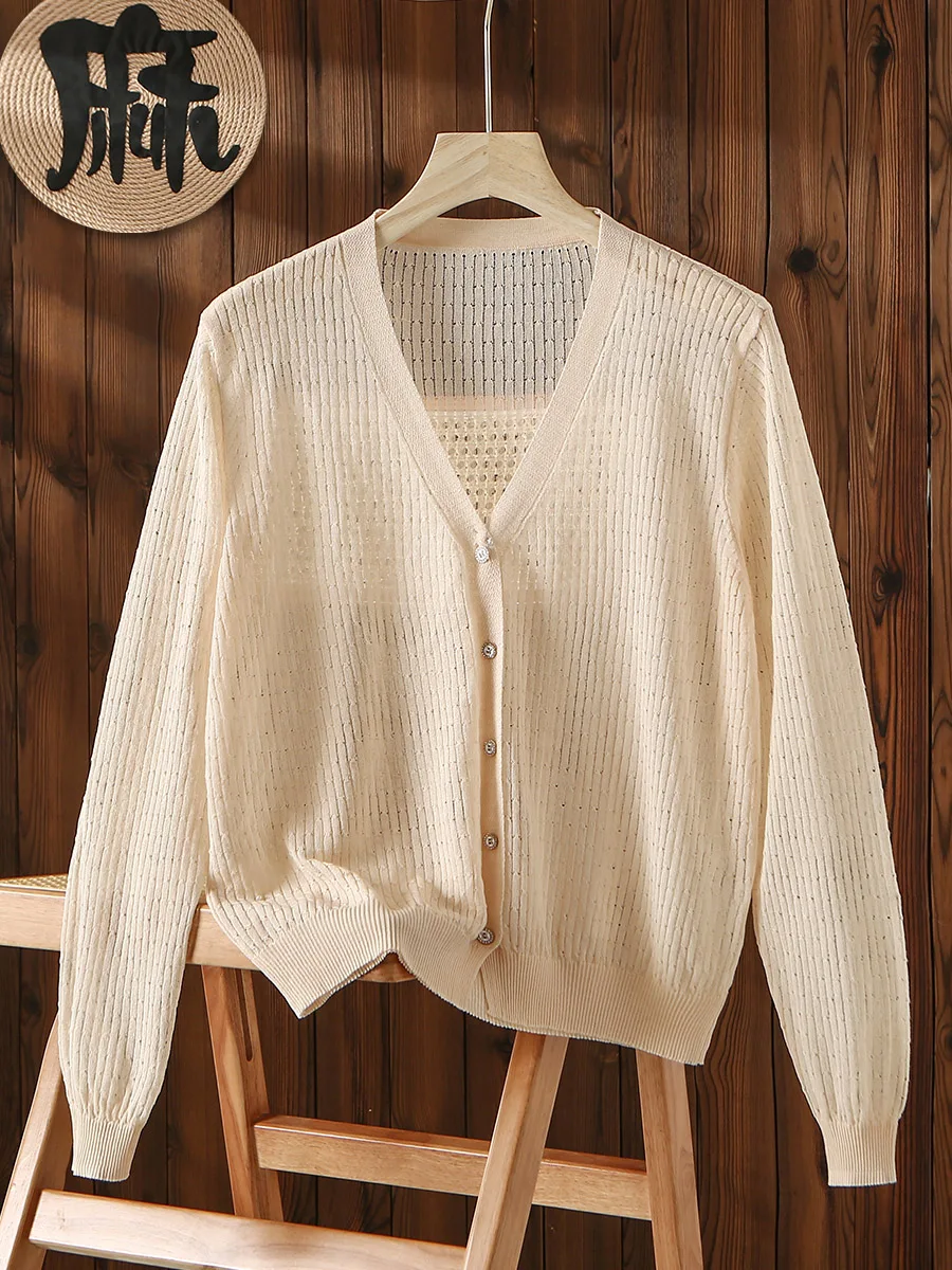 High Quality Hollowed Out Top with Cardigan, Summer Thin Jacket, Women's Sun Protection Air-conditioned Shirt, Knitted Top