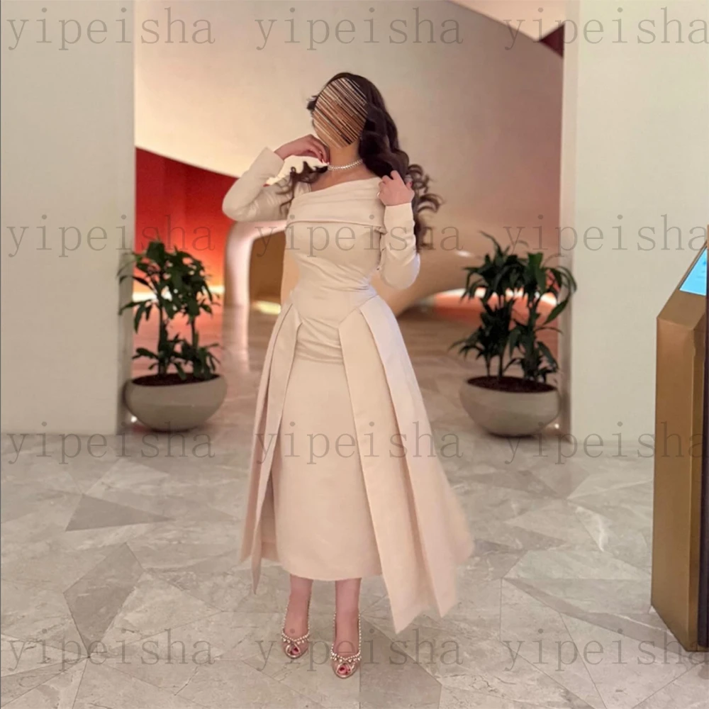 Vestidos de Noche personalizados con cuello en V, manga larga, sencillo, recto, largo hasta el té, sin espalda, vestido de fiesta largo plisado moderno