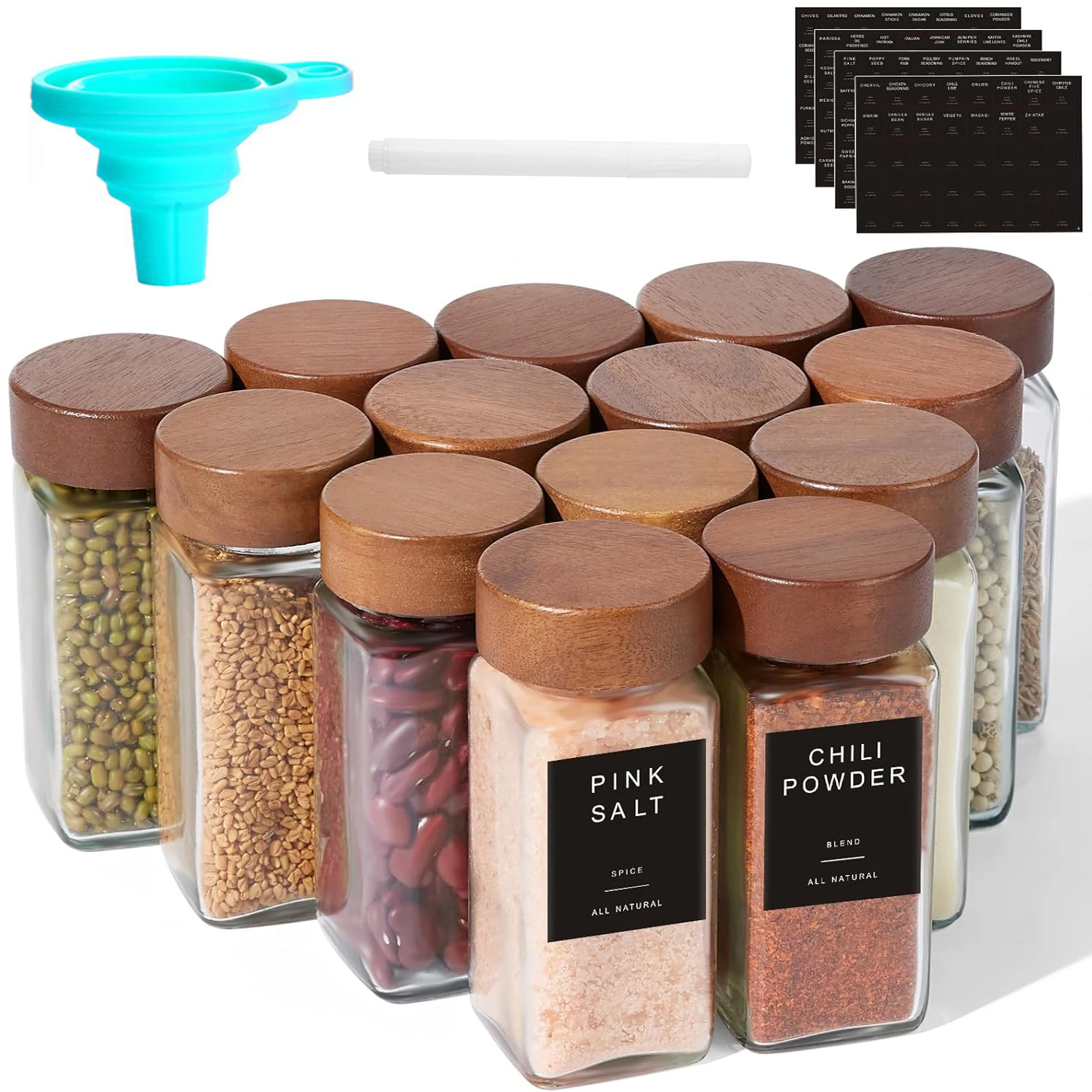 Glass vanilla seasoning jar with solid wood seasoning jar lid, labeled seasoning container, sealed empty glass seasoning contain