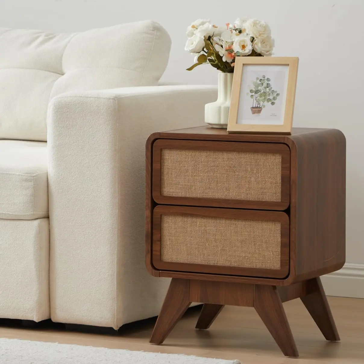 

Walnut Night Stand with 2 Drawers Curved Round Edge Bedside Table with Linen & Solid Wood Legs Space-Saving End Table