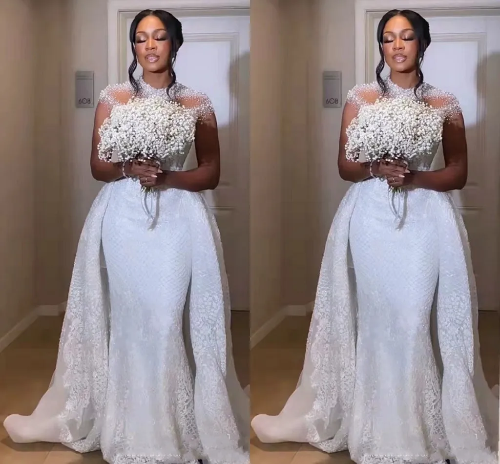 2024 Elegant Mermaid Wedding Dress Women High Neck Lace Pearls Bridal Gown Detachable Train African Vestidos De Novia