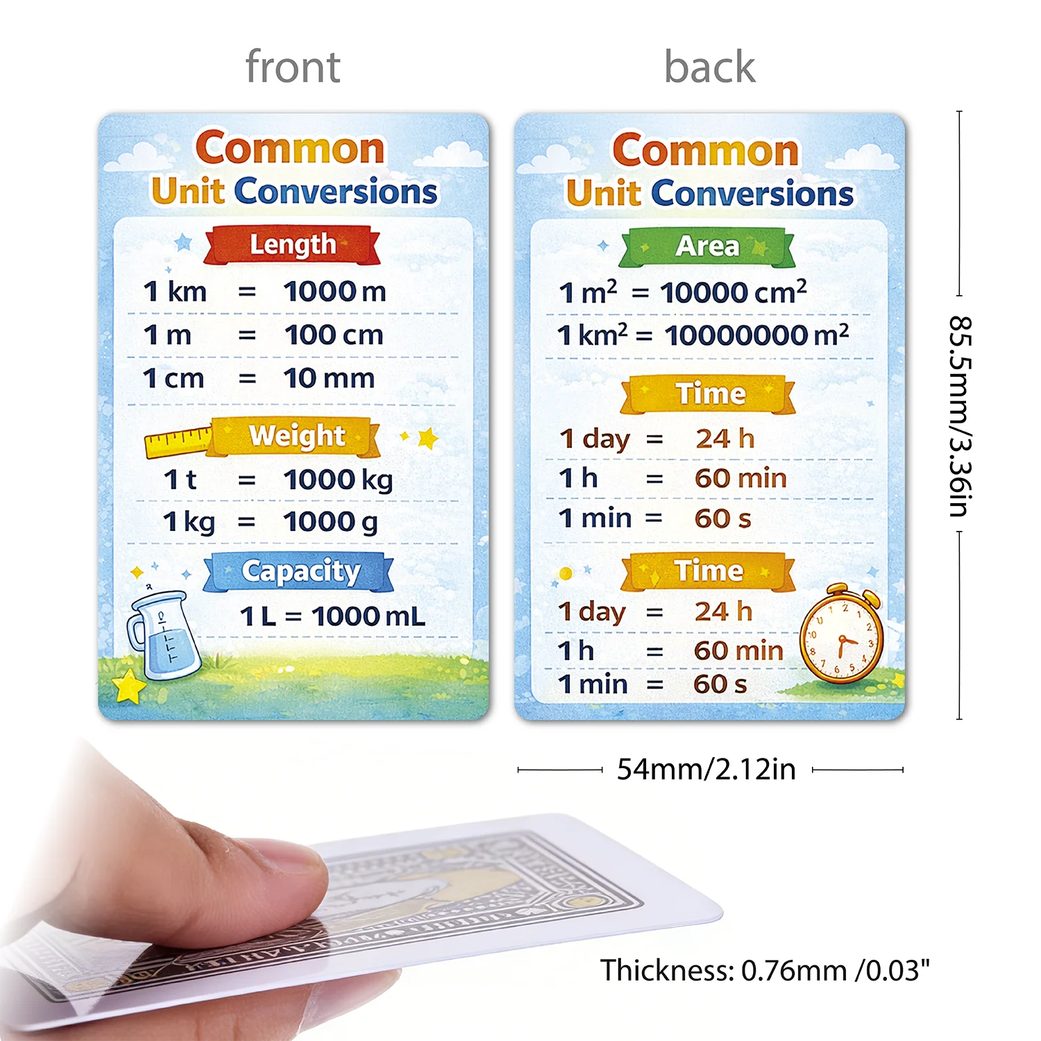3PCS, Unit Conversion Chart Cards, Metric Measurement Conversion Reference Cards, Length Weight Volume Capacity Math Chart, Educ