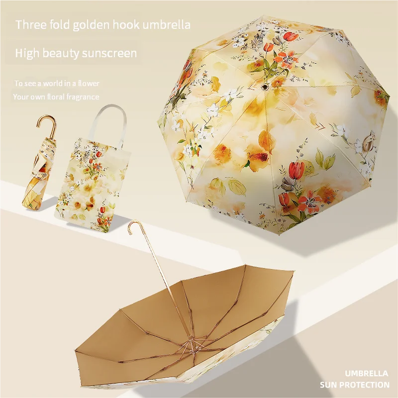 Pintura al óleo francesa, sombrilla pequeña de tres pliegues con gancho dorado, protección contra ultravioleta, paraguas de lluvia para mujer, paraguas pequeño