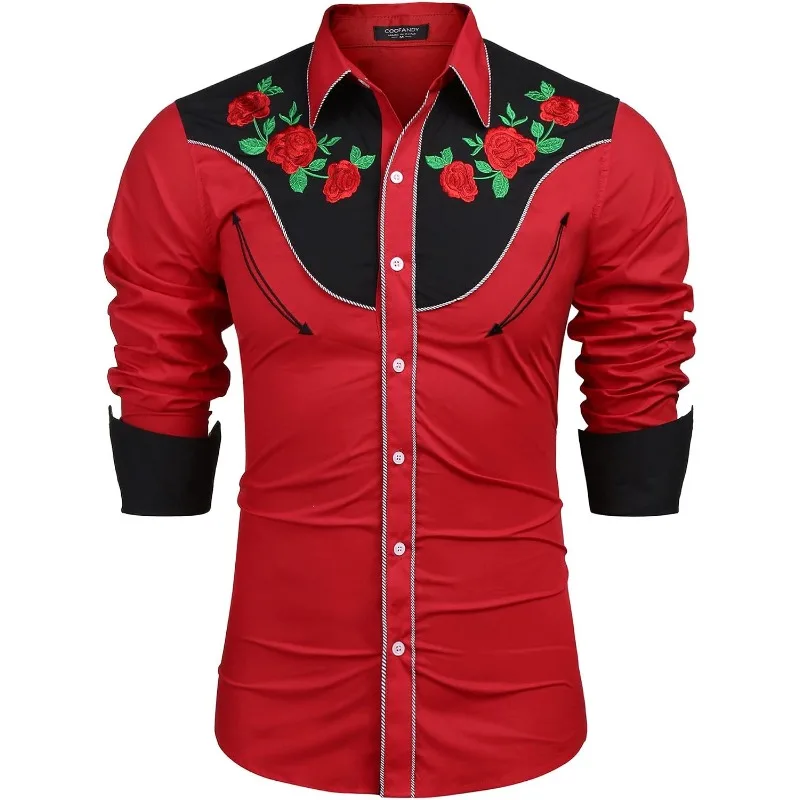 Camisa Vaquera Occidental para Hombre, Manga Larga, Corte Ajustado, Bordado de Rosas, Algodón, Casual, con Botones, Camisa de Moda para Baile Urbano