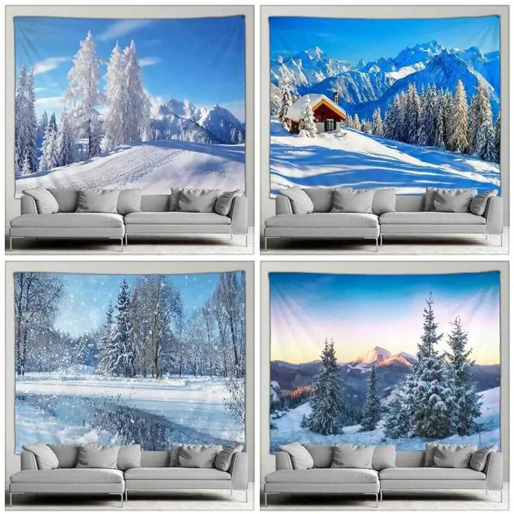 Outdoors Winter Forest Snow Scene Tapestry Wall Hanging Christmas Tree Happy New Year Bedroom Patio Wall Hanging Mural Art Decor