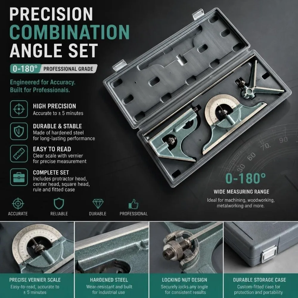 4pcs Carbon Steel Combination Angle Square Set Universal 0-180° Bevel Protractor Kit DIN Grade Gauge Ruler Measuring Tool Set