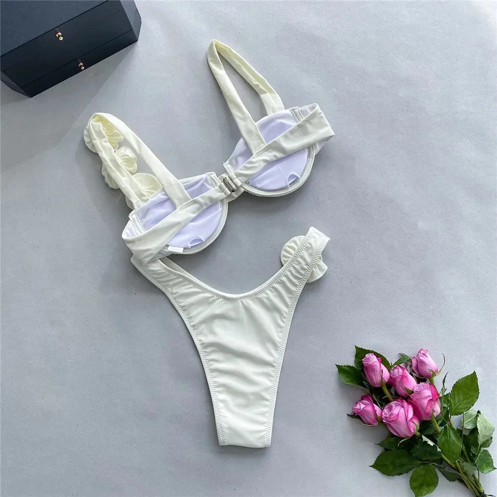 Sexy 3D Flower Shiny White Push Up Bikini 2025 Women Swimwear Underwired Swimsuit High Cut Bathing Suit Wrinkled Bikinis Sets image 2
