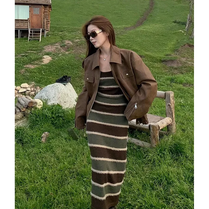 Otoño Invierno mujer cremallera chaqueta de cuero marrón estilo americano ropa de calle Retro Moto Biker abrigo prendas de vestir