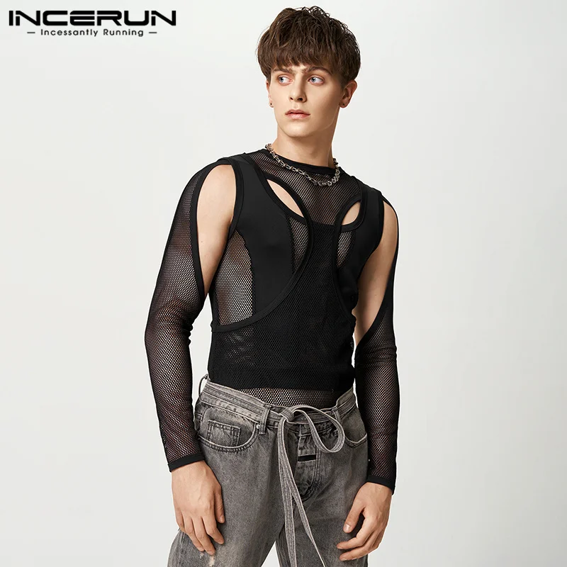 INCERUN Men T Shirt Mesh Patchwork Transparent Sexy O-neck Long Sleeve Men Clothing 2023 Streetwear Hollow Out Fashion Camisetas