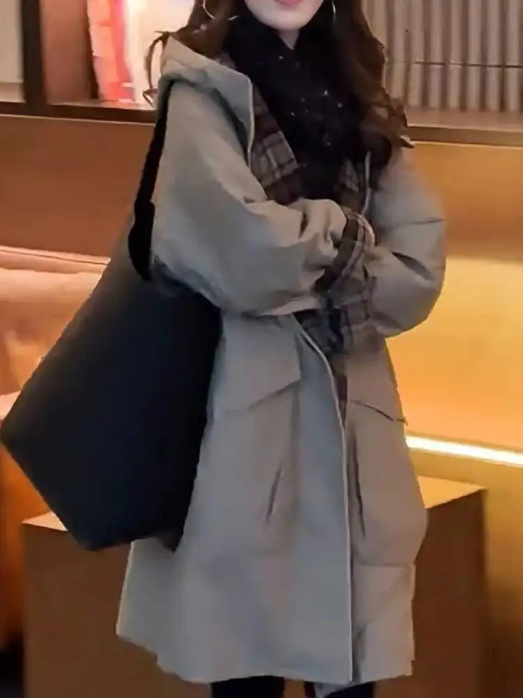 

Ленивая длинная теплая женская зимняя новая свободная непухлая хлопковая одежда в Корейском стиле с капюшоном на молнии