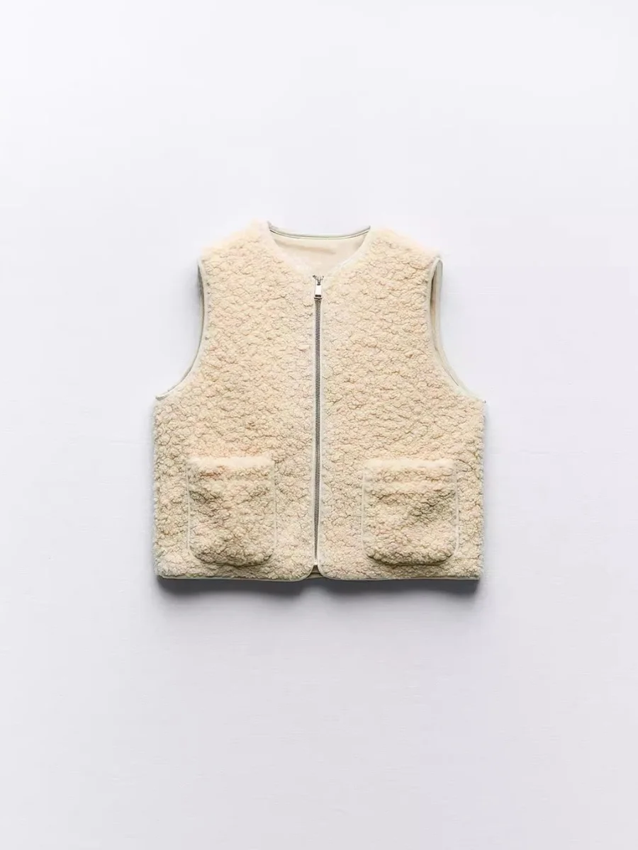 

Spring New Women's ort Lamb Fur Vest Padded Coat ket Decorated Fur round Ne Zipper Closure Polyester Fiber 30845 72