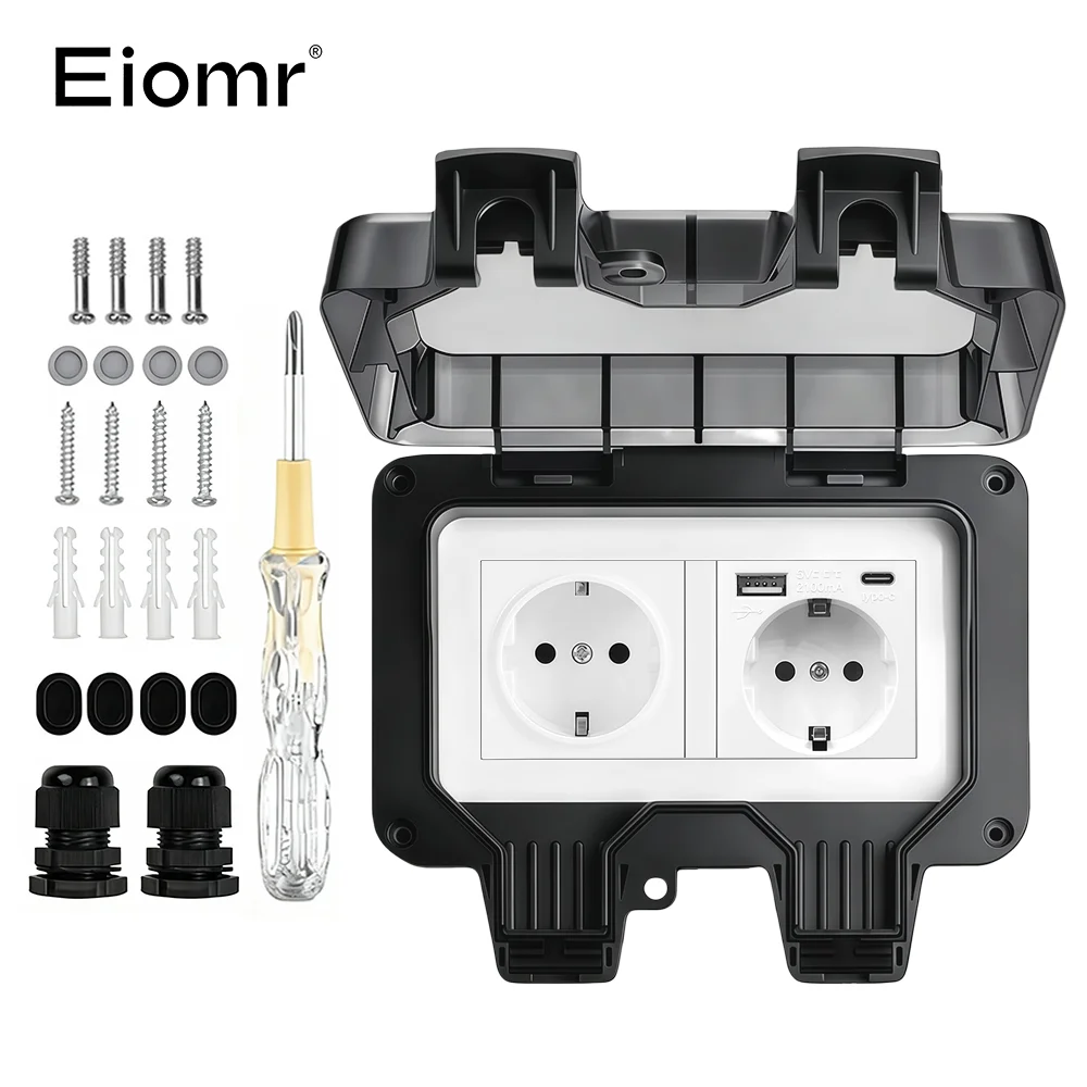 EIOMR 16A 220V IP66 wasserdichte Doppelsteckdose, schwarze Outdoor-Steckdose mit Schalter, mit Typ-C-Ladeanschluss, EU-Standardsteckdose