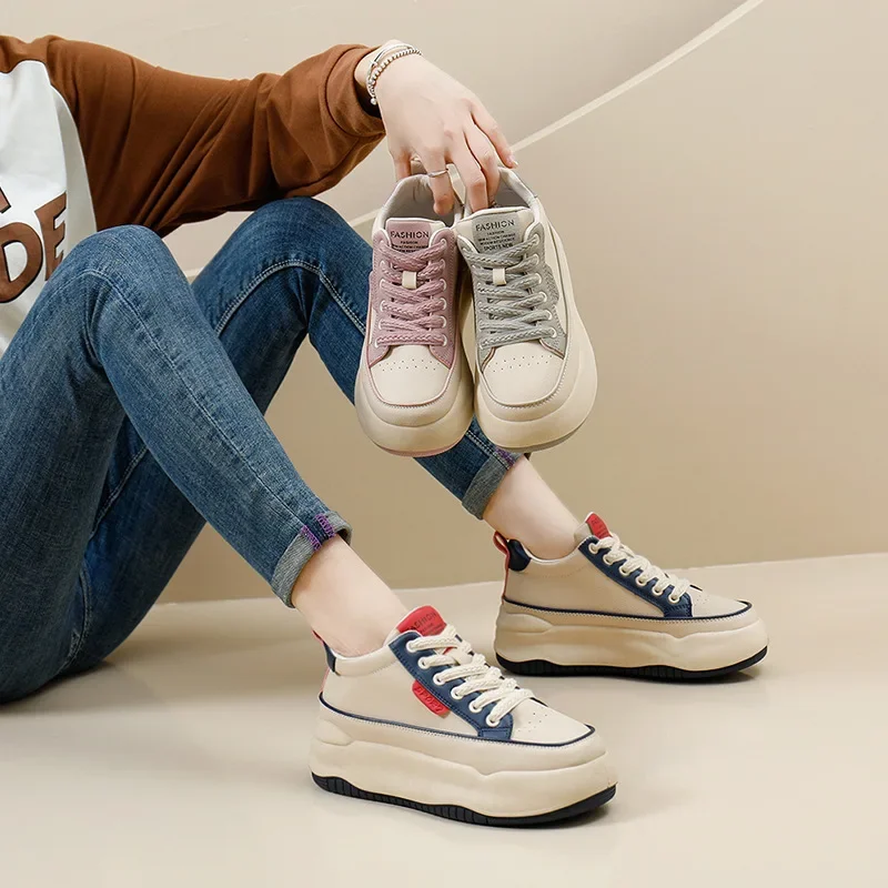 Moda esportiva feminina de couro sapatos de sola grossa respirável tênis de corrida feminino novo resistente ao desgaste