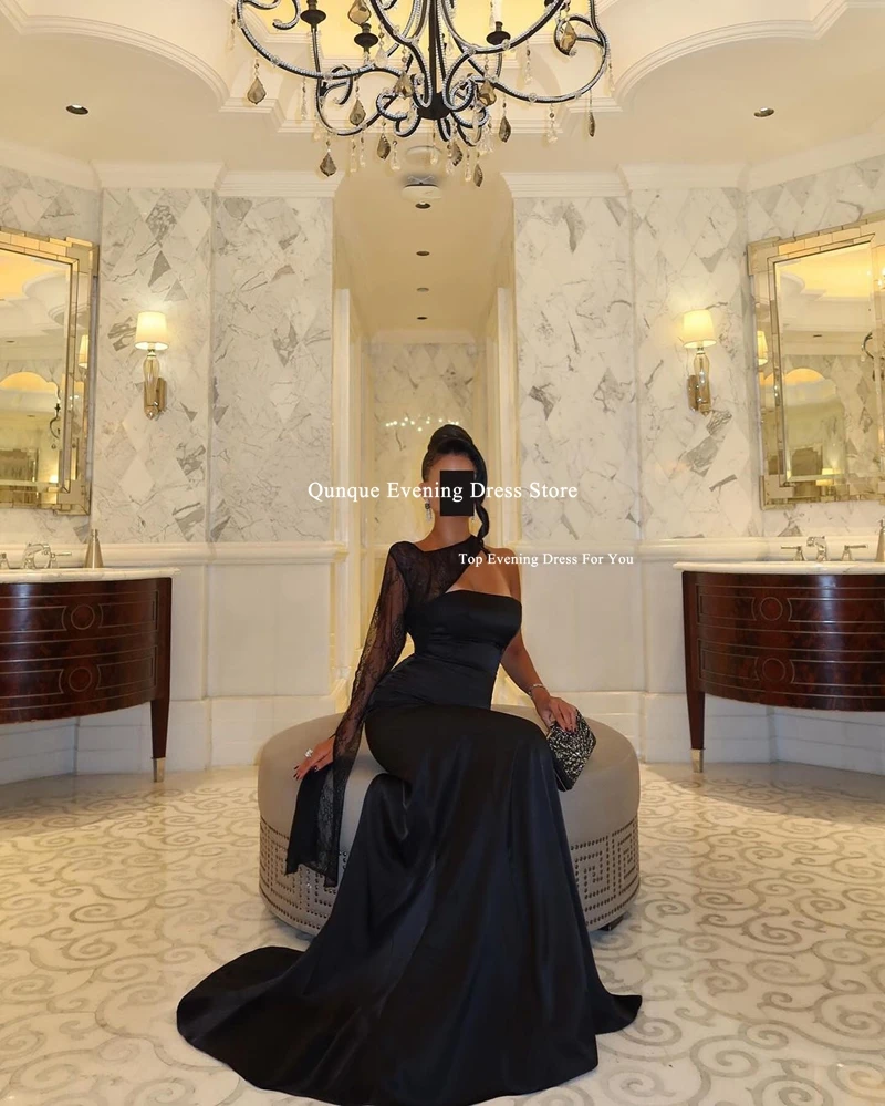 فساتين Qunque بكتف واحد وأكمام من الدانتيل للحفلات الراقصة باللون الأسود حورية البحر فساتين سهرة من Vestidos De Gala Festasin للمناسبات ا