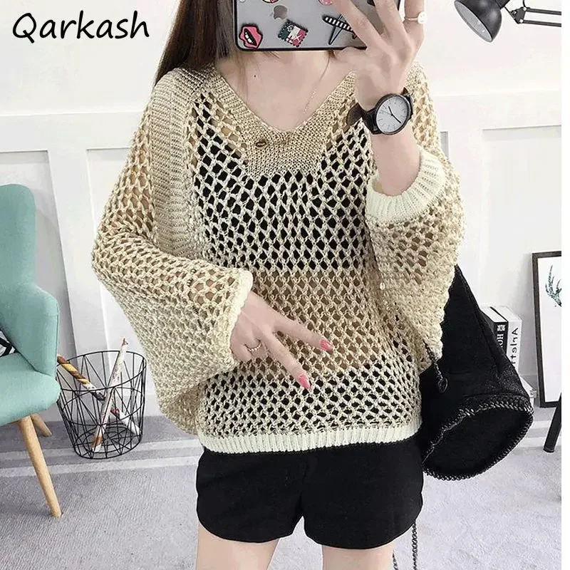 

Pullovers Women Hollow Out V-neck Outwear Loose Smock Tops Knitted Spring Summer New Fashion All-match Korean Style Minimalist