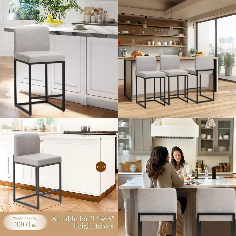 

Modern PU Leather Bar Stools with Backs, Counter Height 24, Kitchen Island Chairs, One Pair, Light Grey