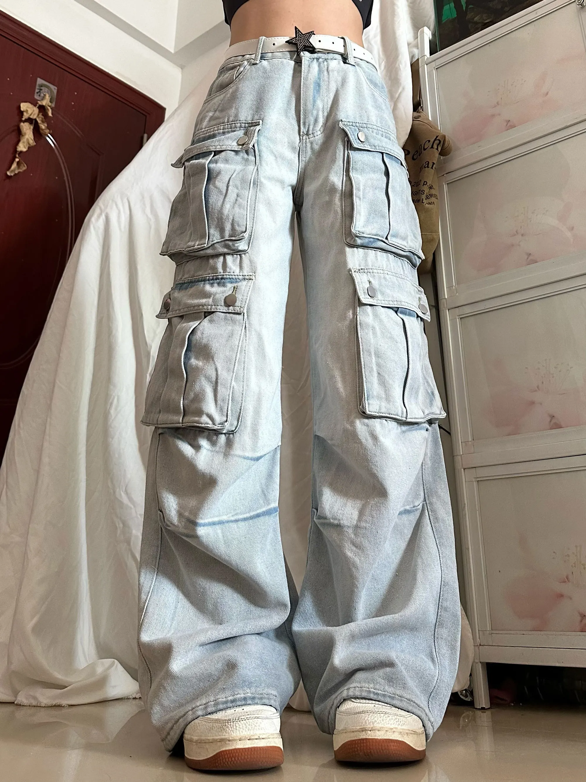 

Street Sle Waed Workwear Wide Leg Loose Fit Light Wa Denim Jeans Multi ket Dance Pants Low Waist Long Trousers