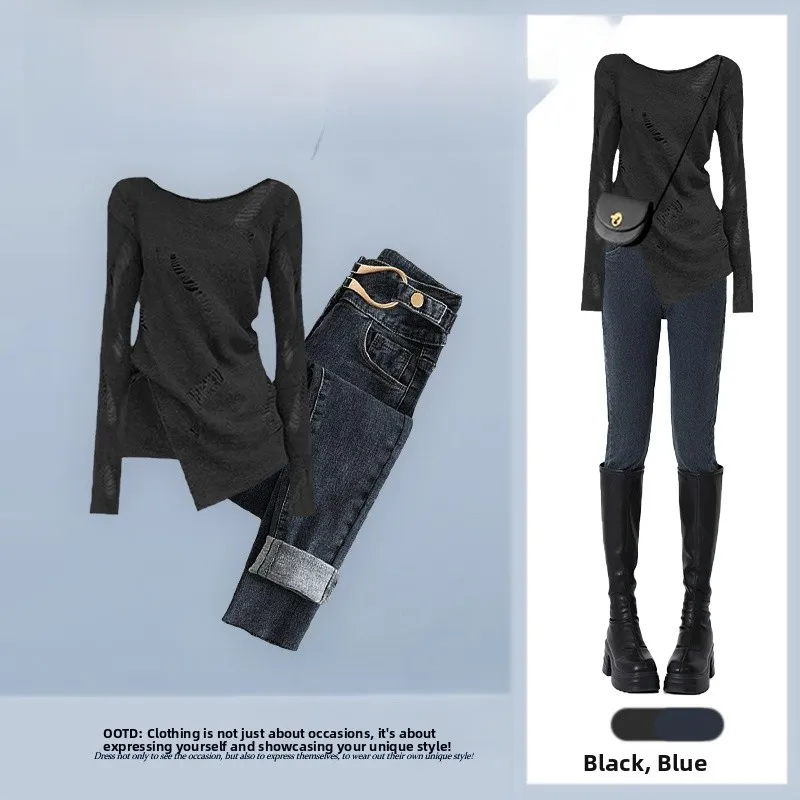

Fall Fashion plus Size Women's Long Sleeve Knitwear Jeans Casual Two-Piece Set Slim Fit Hole Design Straight Leg Jeans