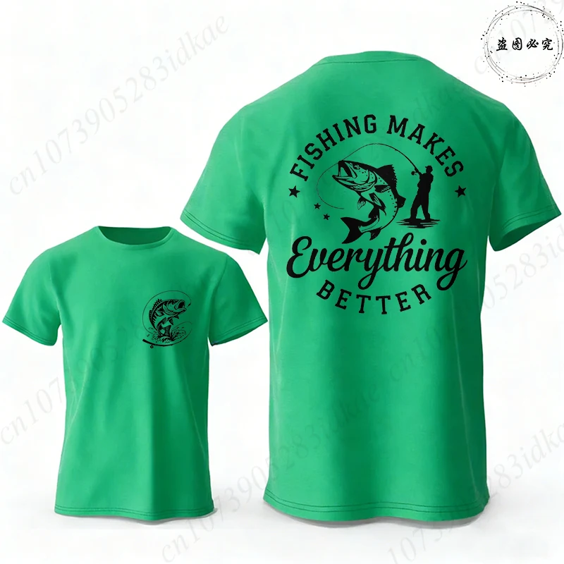 Fishing Lover T-Shirt with Double Sided Print Tops Men's Casual Short Sleeve 'Fishing Makes Everything Better' Tees Streetwear