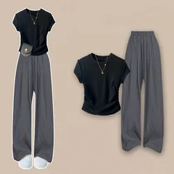 2025 Summer Women Casual Short Slim T Shirts Wide Leg Pants 1 or Two Piece Suits Lady Solid Tops Trousers Outfits New Clothing
