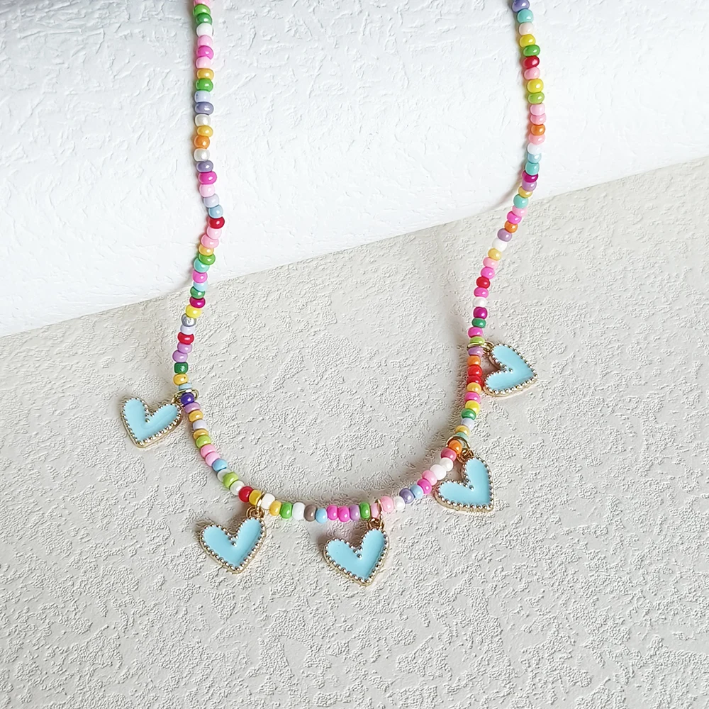 ZX Cute Colorful Enamel Heart Pendant Necklace Handmade Seed Beaded Chain Chokers Necklace for Women Bohemian Jewelry Wholesale