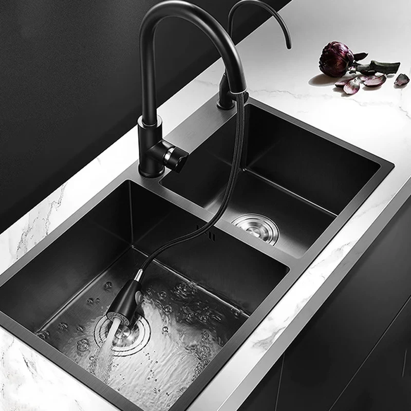 Fregadero de cocina negro Nano de acero inoxidable 304, lavabo de verduras para el hogar, accesorio con grifo de cocina, accesorios de drenaje, montaje superior