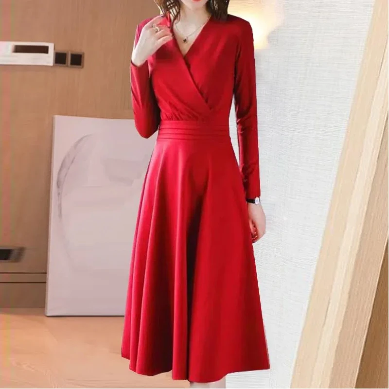 

Sping Autumn New Dresses Women Solid V-Neck Zipper Corset Korean Temperamen Fashion Loog Sleeve Mid-length Slim A-Line Dresses