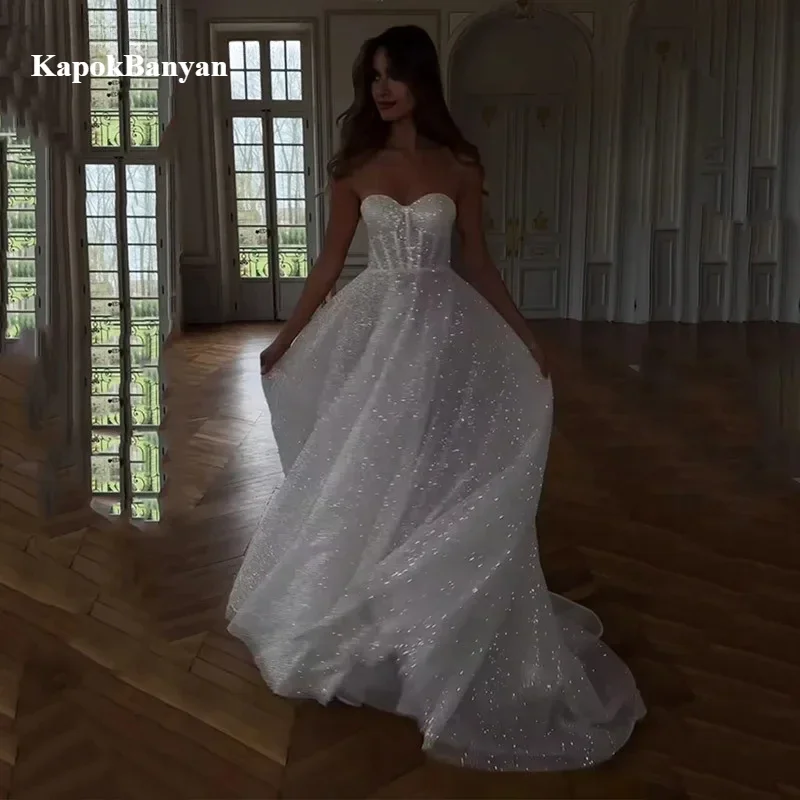 

Glitter Wedding Dress A-Line ShinyTulle Bride Dresses Sweetheart Sleeveless Floor Length Wedding Gowns Vestido de novia 2025