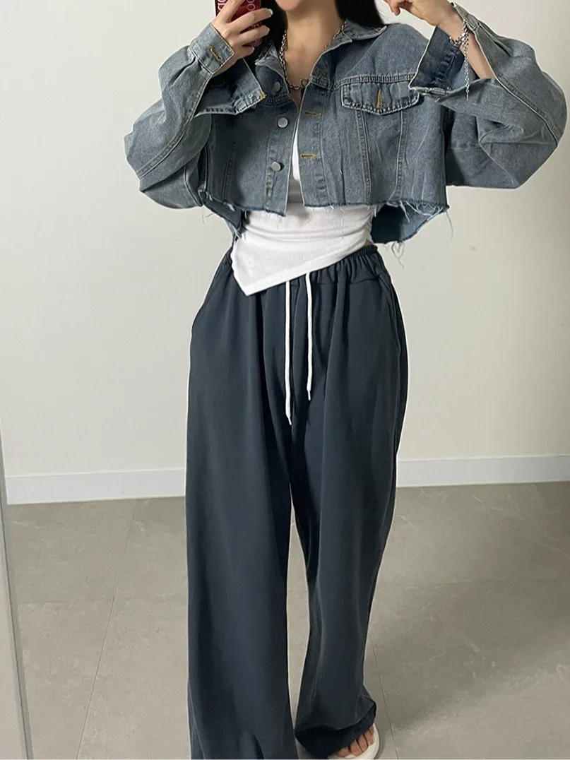 

Retro Chic Autumnal Denim Jaet ort Loose Long Sve Turn-down Collar Splice Frayed Design Women's Casual Outerwear