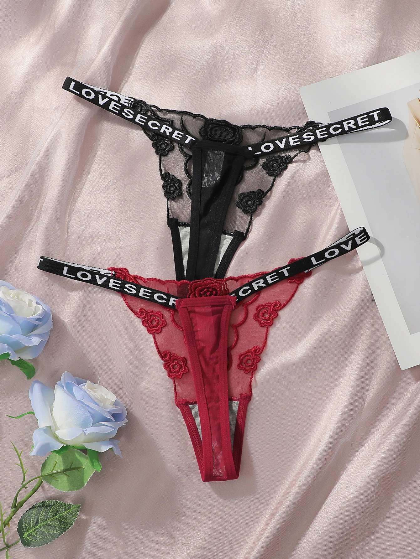 2 stücke Damen Neue Spitze Sexy Schwarz Und Weiß Gestickte Blume Drucken Sexy Set Tanga Unterwäsche C2648 – Detail 8