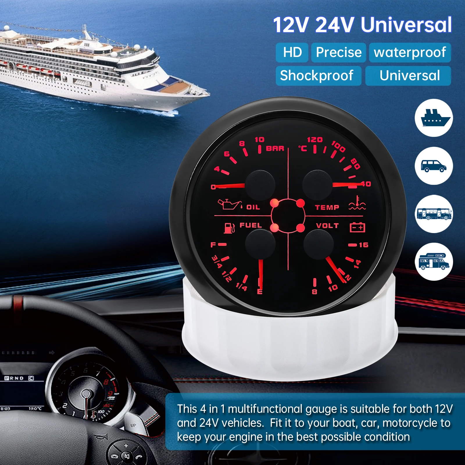 85mm Boat Speedometer 7 colors 4 In1 Multifunctional Gauge oil pressure+Water Temp+Fuel gauge+voltage for Car Marine Boat 12V