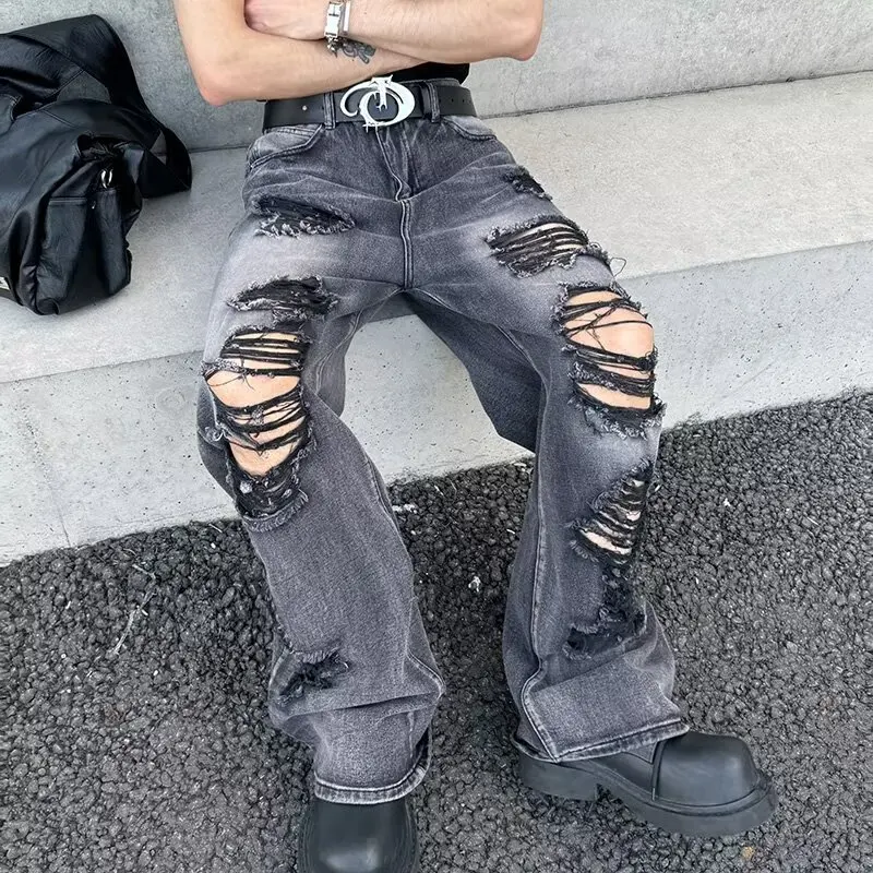 2024 Ropa Grunge Y2K Vintage Black Stacked Ripped Baggy Jeans Pants For Men Designer Clothes Straight Long Trousers Pantalones