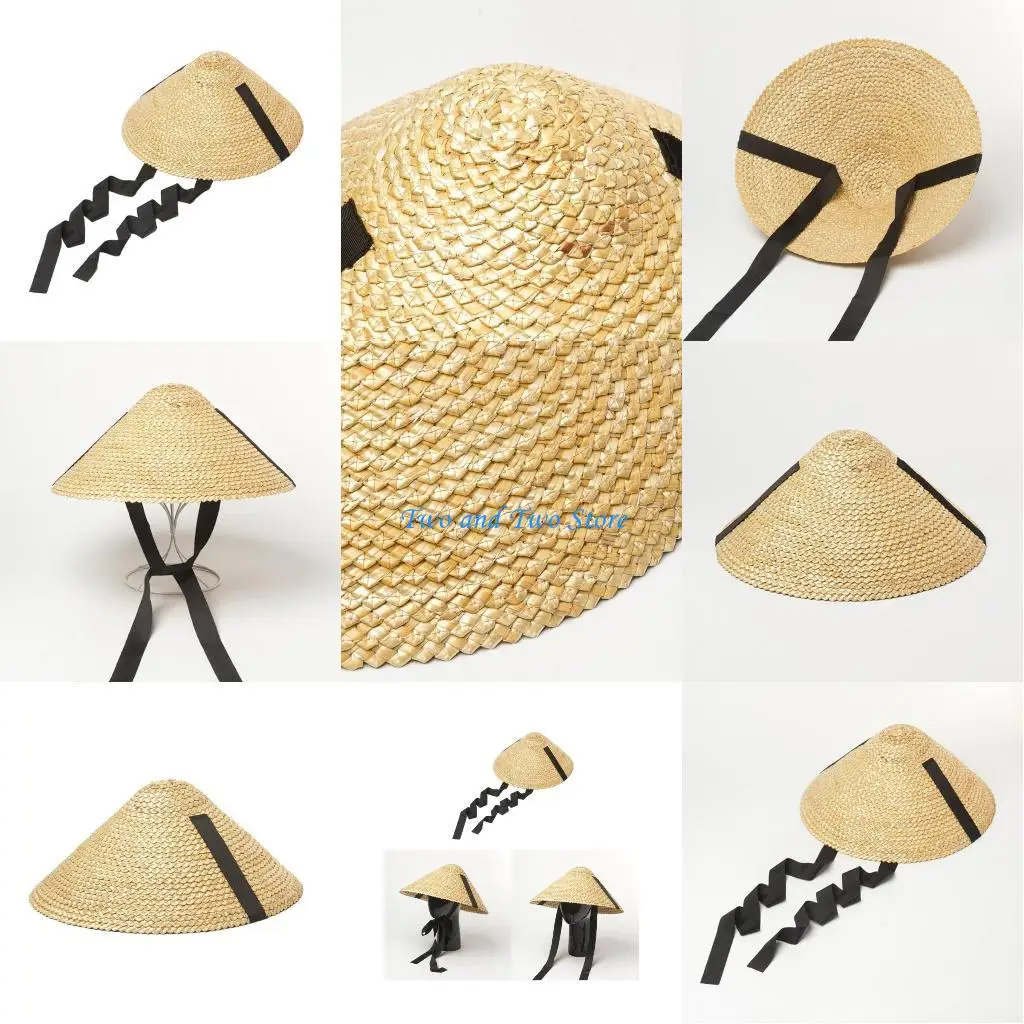 

HX6F Unisex Straw Weaving Cone Hat Chinese Summer Outdoor Cone Hat Traditional Handmade Hat for Friend Families