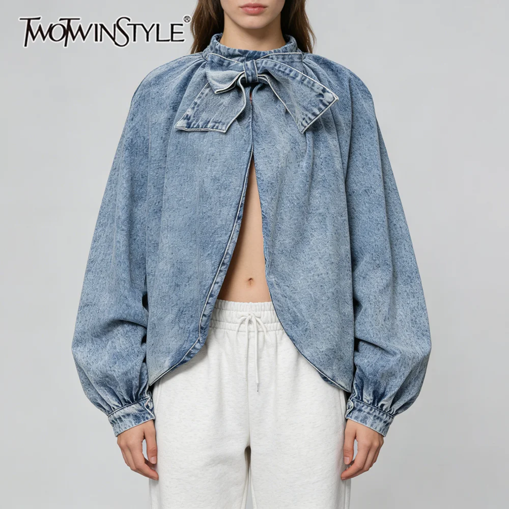 

Винтажный укороченный джинсовый топ TWOTWINSTYLE для женщин с бантом, рукавами-фонариками и открытым передом, свободного кроя, для повседневных выходов