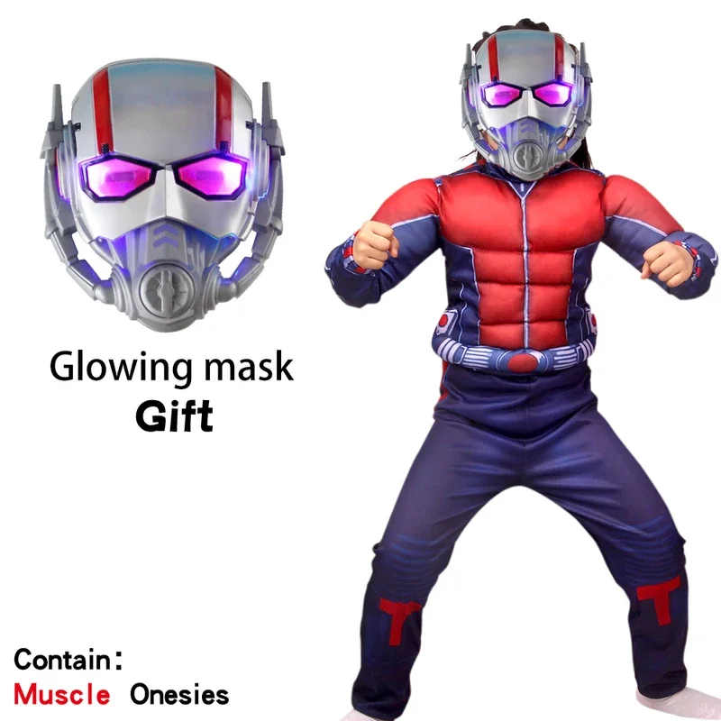 New Kids Superhero Antman Cosplay Muscle Costumes Mask Clothes Set Party Jumpsuit Performance Props