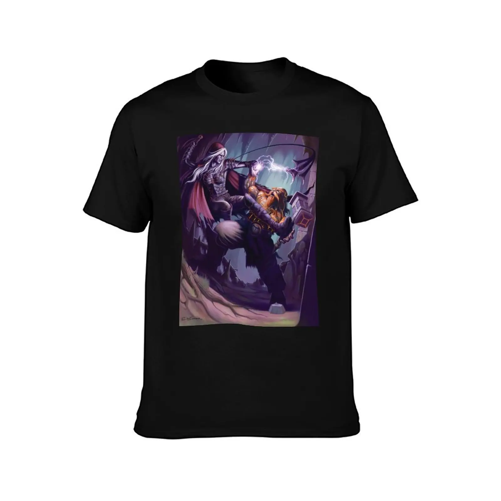 Dark Elf Priestess vs Dwarf Rune-caster T-Shirt Work Basic Short Sleeve Top T-Shirt