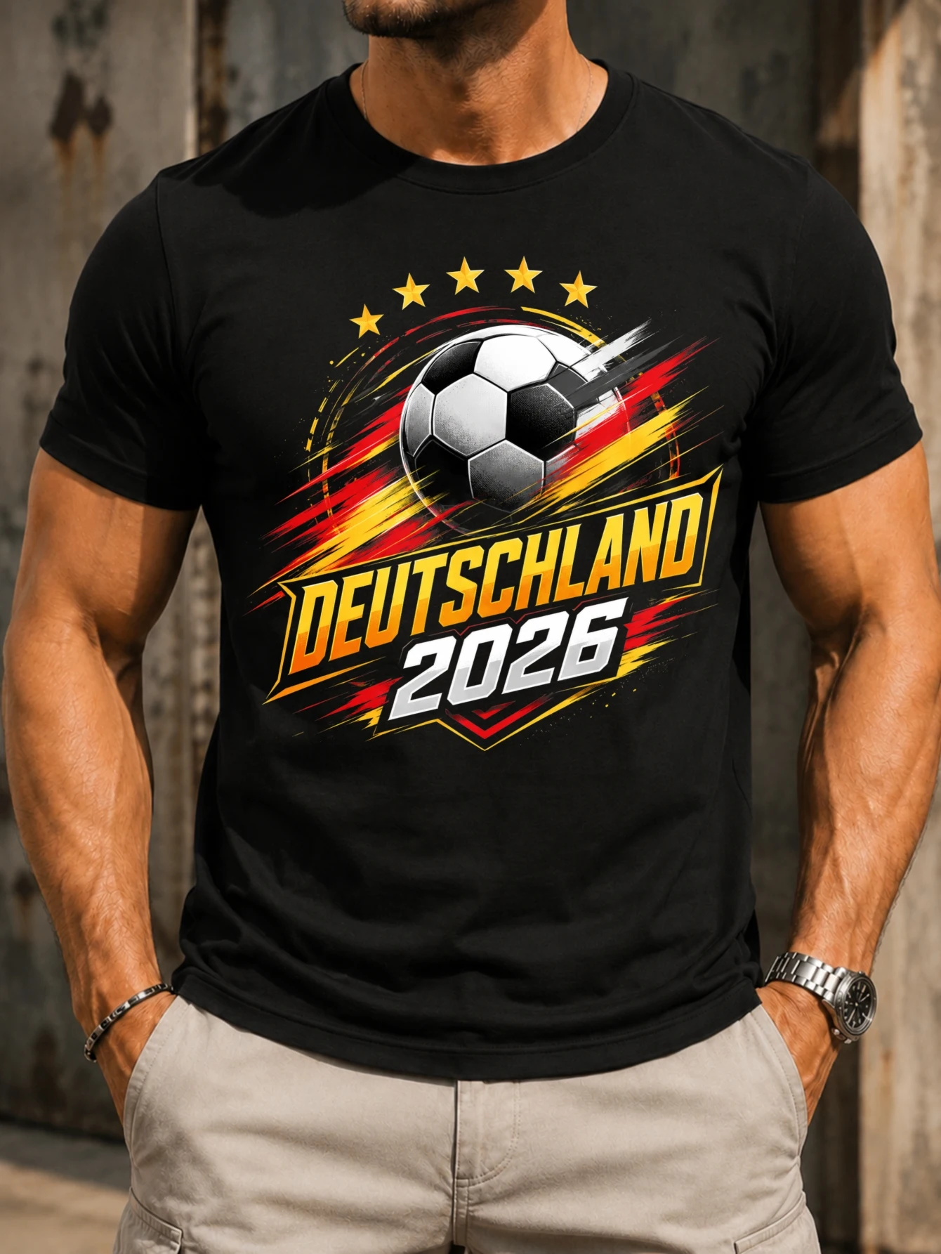 Germany 2026 soccer flying ball five stars  red gold speed streaks and bold tournat lettering  Unisex All T-Shirt