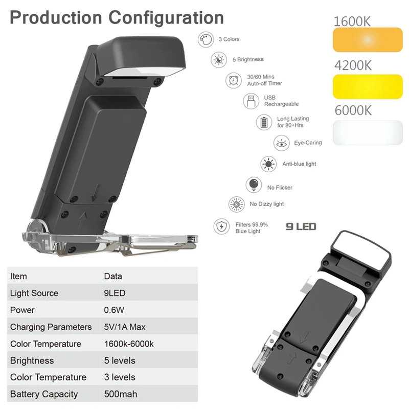 Book Light With Timer USB Rechargeable Reading Light Clip-On Read Lamp Bookmark Night Light Book Lamp 5 Brightness Durable Milky