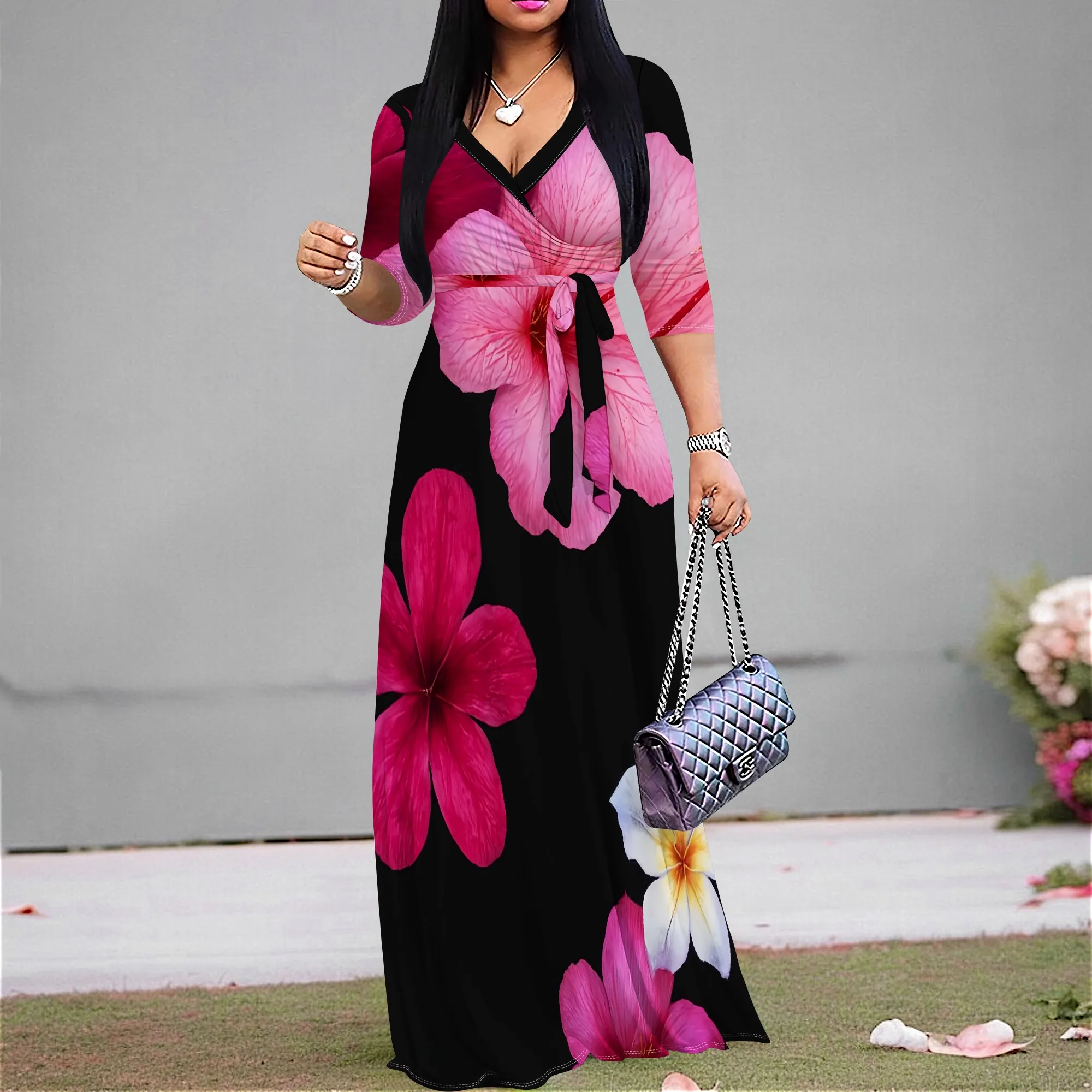 

Floral Wrap Maxi Dress | Black with Pink Hibiscus Print | V-neck & Waist Tie | Perfect for Summer Parties, Vacations | S-3XL