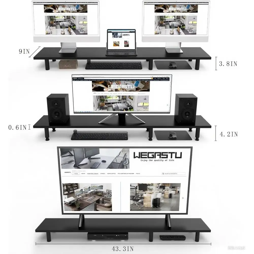 حامل شاشة مزدوج كبير 43.3 بوصة، تخزين المكاتب المنزلية لملحقات المكتب، مكتب من الخشب الصلب مع أرجل قابلة للتعديل للكمبيوتر #2