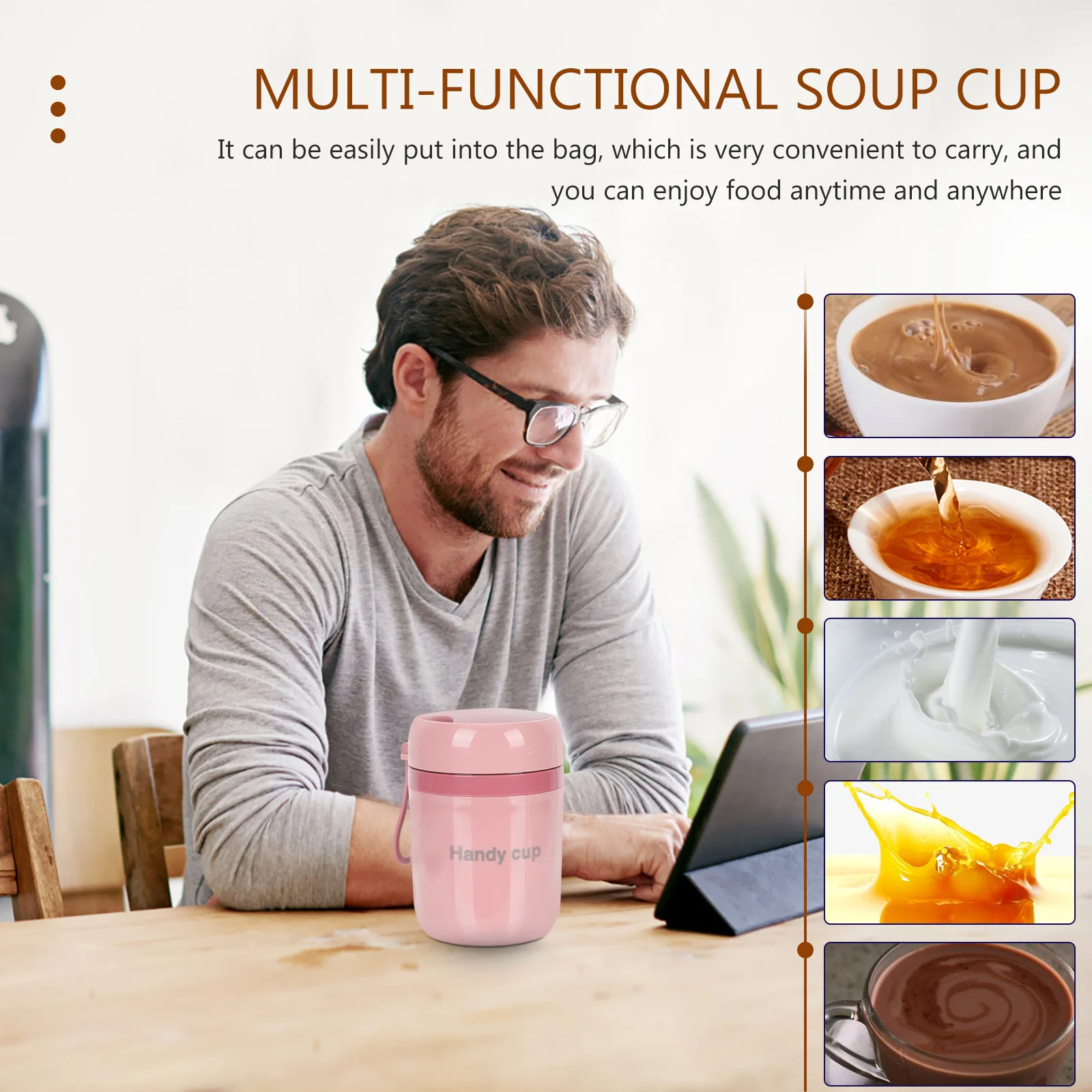 

Insulated Soup Cup Thermal Breakfast Cup Portable Multifunctional Sturdy Safe Design with Spoon for Outdoor Meals
