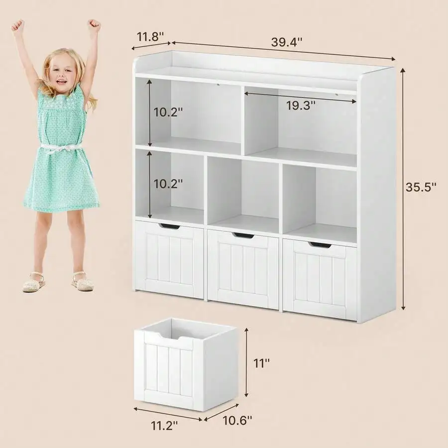 Wooden Toddler Bookshelf With Toy Storage Organizer ,Book Shelf With3 Drawers On Wheels And 6 Open Shelves, For Children's Room