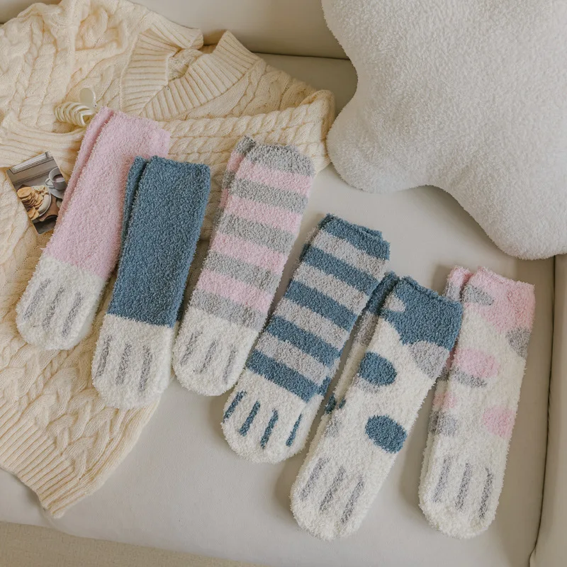 6 Paar modische, vielseitige, rosa-blaue Katzenpfoten-Damensocken, Herbst-Winter, dicke Damen-Mid-Tube-Socken, warme Damensocken