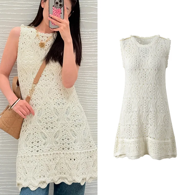 

Summer 2025 New Sle Small Fraance Hollow out Knitted Svel Slimming Vest Dr Faionable round Neline Cotton Mat...