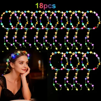 18Pcs LED Green Vines & Paper Flowers Women Costume Headpiece, for Beach Party, Wedding, Birthday Party, Holiday Celebration, Photography, Concert, Halloween, Christmas Cosplay