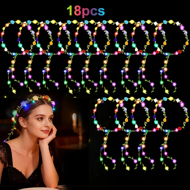 18Pcs LED Green Vines & Paper Flowers Women Costume Headpiece, for Beach Party, Wedding, Birthday Party, Holiday Celebration, Photography, Concert, Halloween, Christmas Cosplay