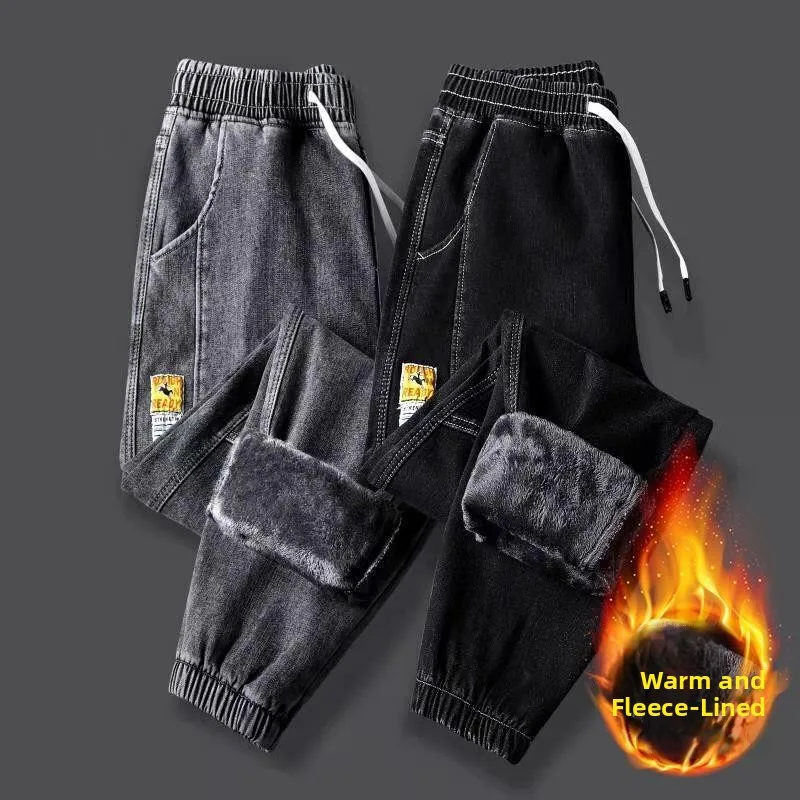 جينز عمل فضفاض مبطن بالصوف السميك للرجال، مناسب لفصل الشتاء في مواقع البناء، جينز كاجوال بساق مستقيمة للحماية أثناء العمل