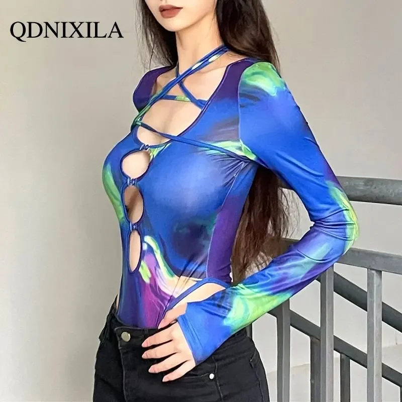 Women's Hollow Out Bodysuit, Sexy Open Waist, One Piece Top, Female Spicy Girls, Street Shooting, Long Sleeve T-Shirt, Y2k