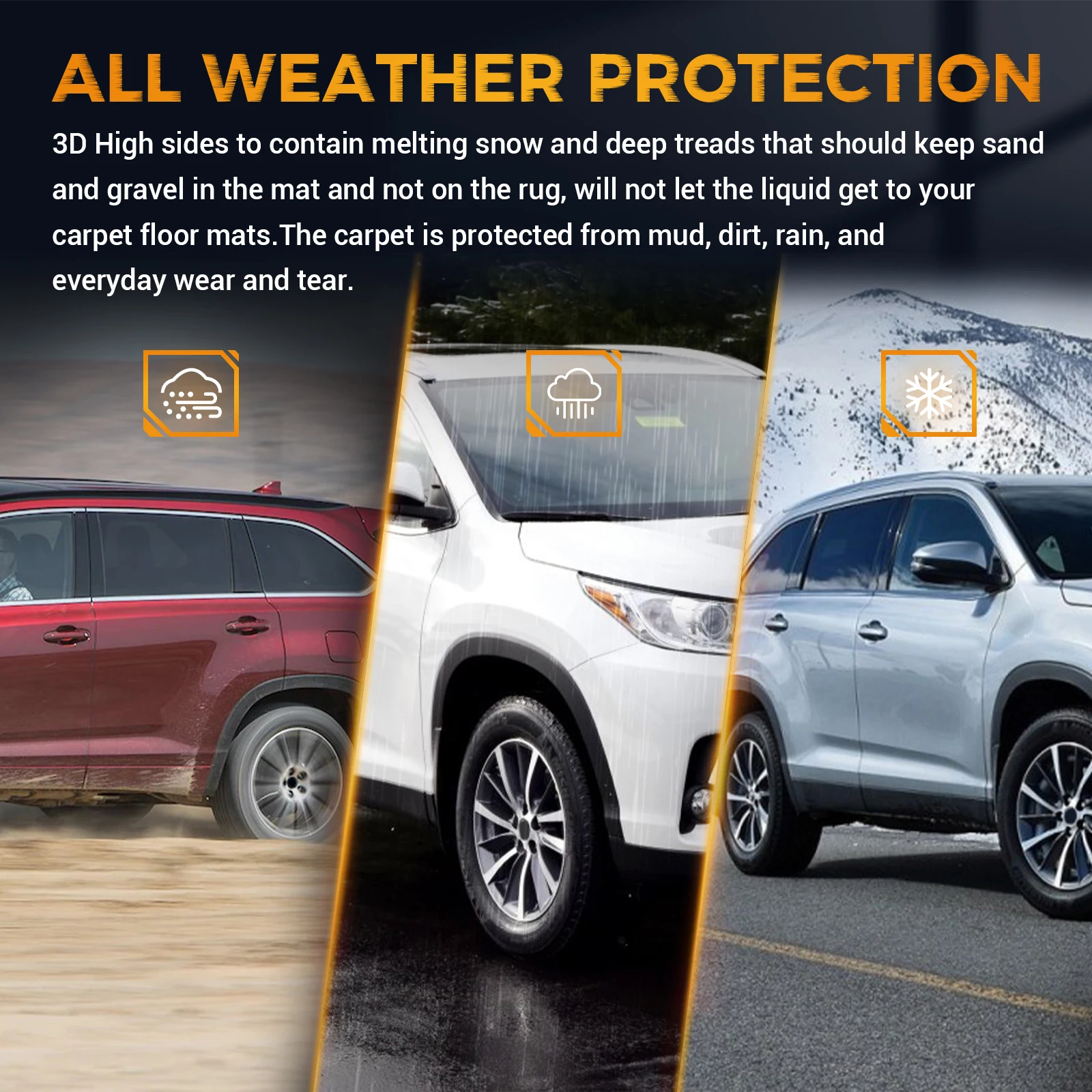 مجموعة من 3 صفوف من سجادات أرضية السيارة المطاطية TPE لسيارة تويوتا هايلاندر، الهجين 2014-2019