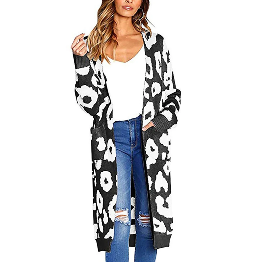 

Женский свободный вязаный длинный кардиган с леопардовым принтом, осенне-зимний модный свитер в европейском и американском стиле
